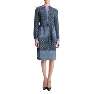 NWT Jaeger Blue Geometric Silk Shirt Dress Knee Length | Waist Tie Size L